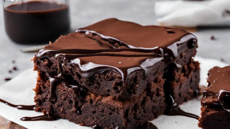 Brownie de brigadeiro com calda em um pires.